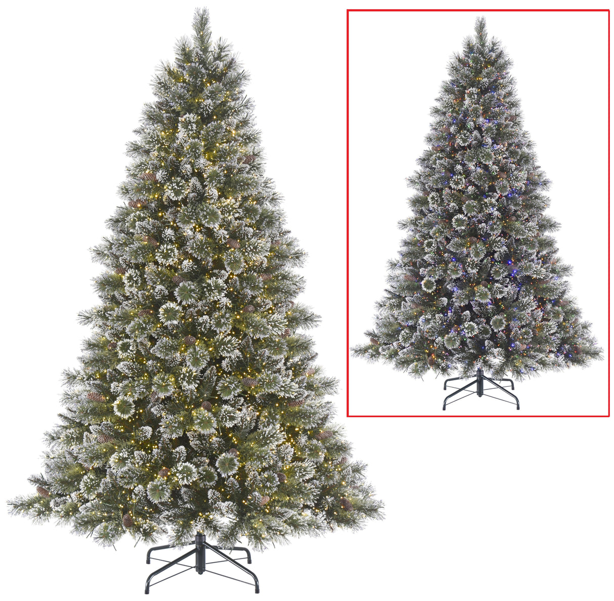 Artificial Christmas tree with white glitter on the branches to look like snow. Pre-lit with dual LED lights. Lights change from warm white to multi-colored.