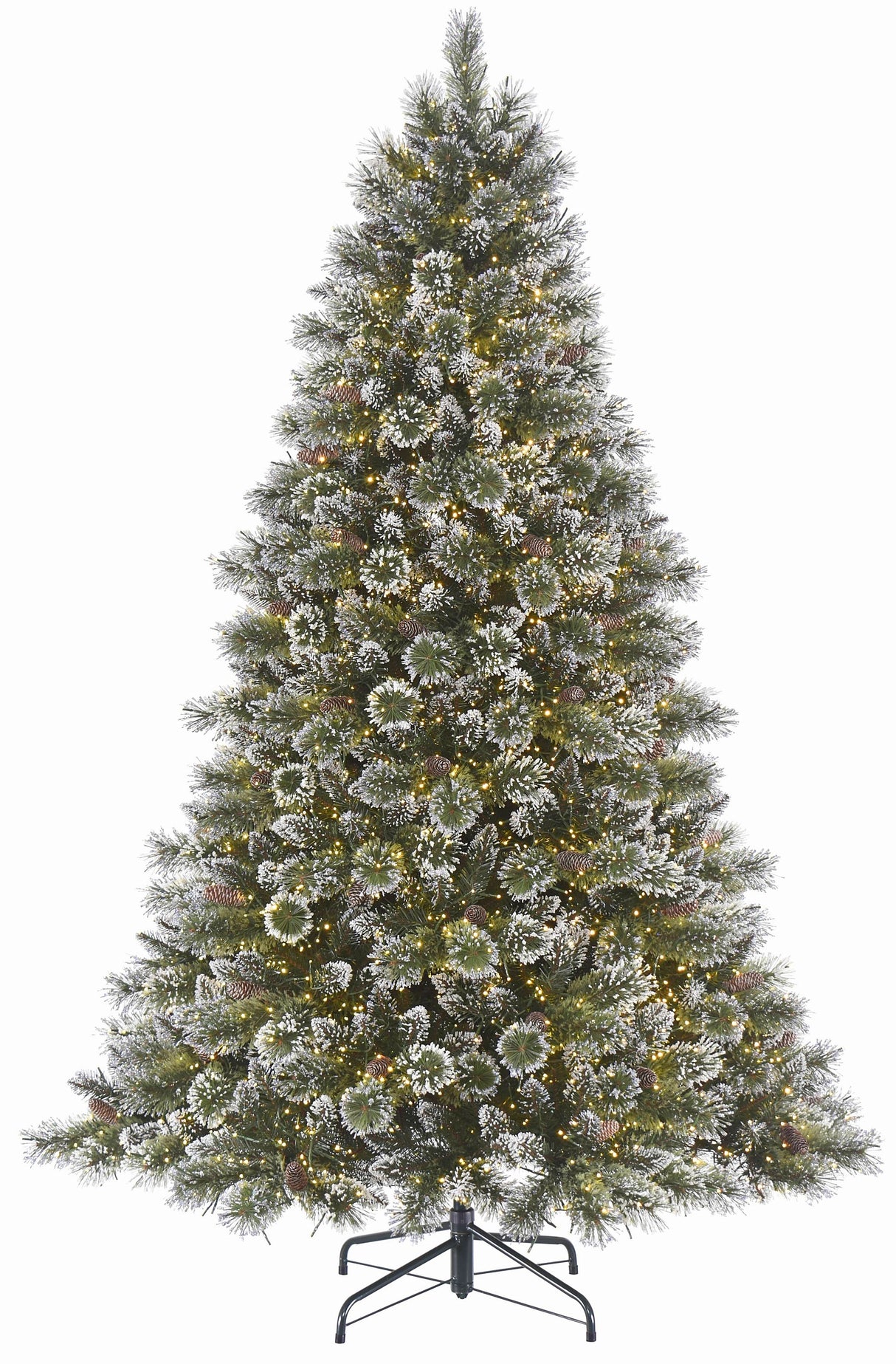 Artificial Christmas tree with white glitter on the branches to look like snow. Pre-lit with dual LED lights. Lights change from warm white to multi-colored.