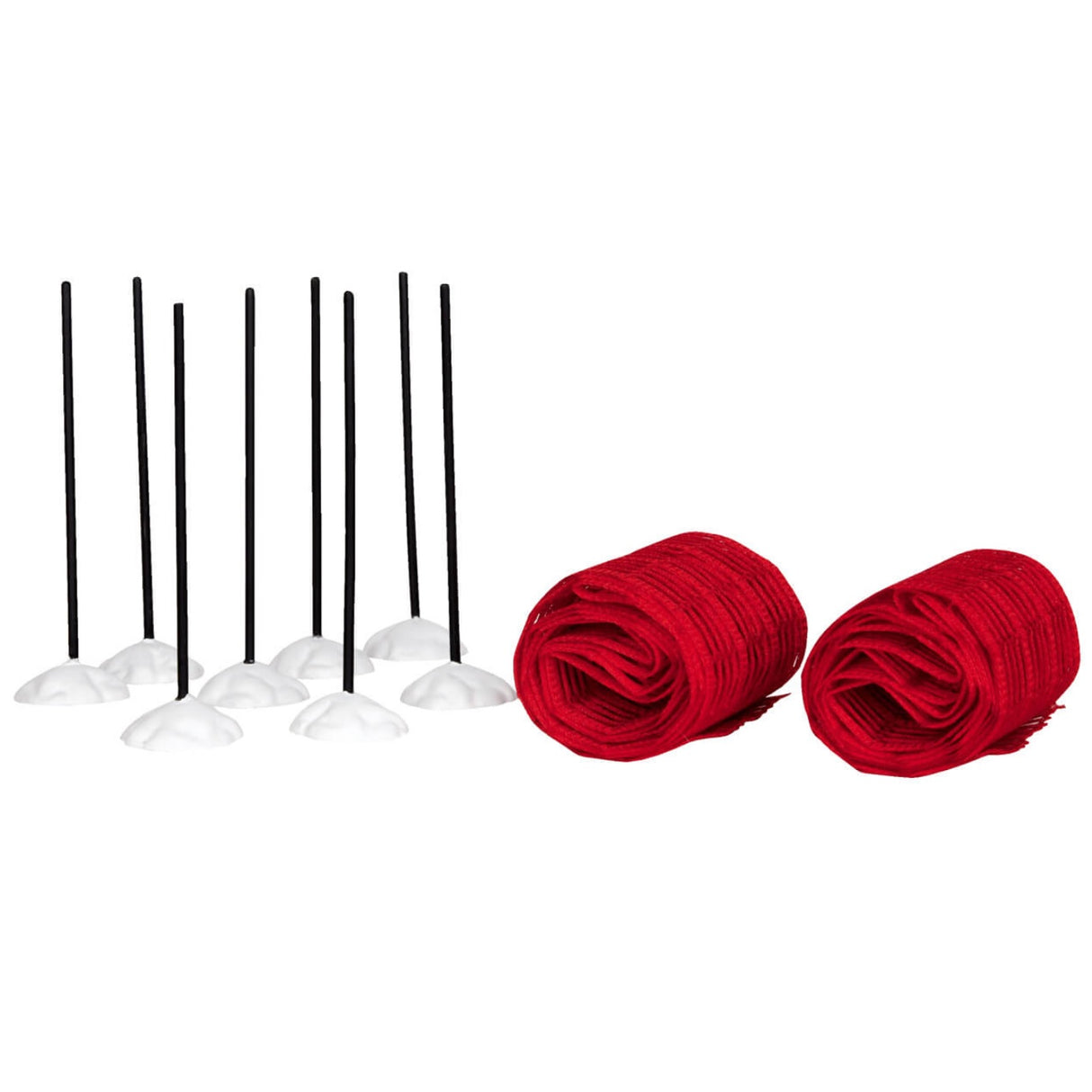 Plastic village accessories for a Lemax display. Set of 8 poles with snow at the bottom and two long red nets. You set the poles up in your village however you like and drape the nets around them to create a ski course.