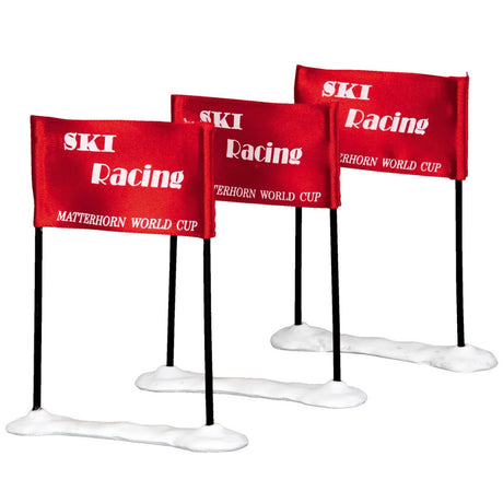 Plastic accessories for a Lemax display. Designed to look like three signs with snow at the bottom. The signs are red and all read "SKI RACING. MATTERHORN WORLD CUP."