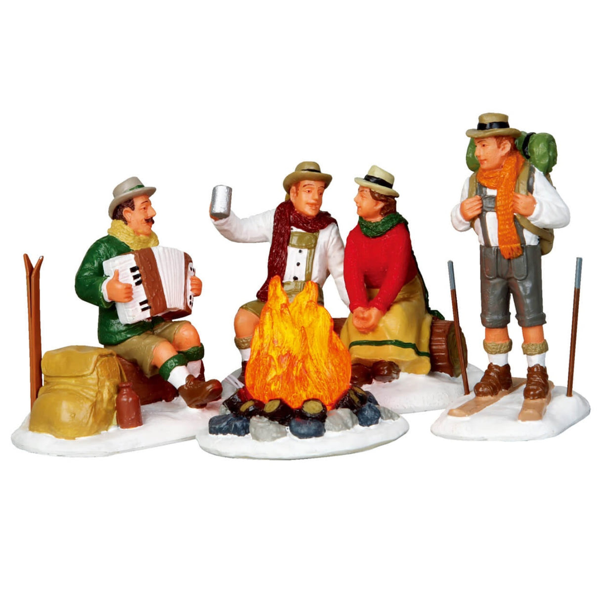 Resin figurines for a Lemax display. Designed to look like four men chatting around a camp fire. One man is playing the accordion. One man is holding up a mug. Another man is standing on skis.