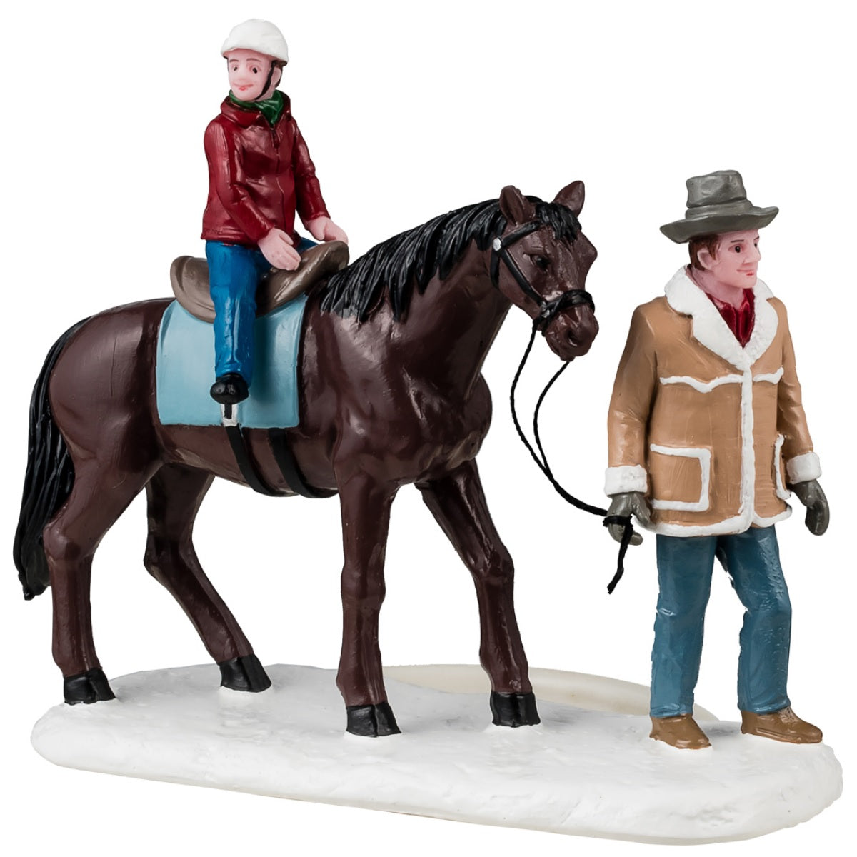 Resin figurine for a Lemax display. Designed to look like a man holding the reins of a brown horse. There's a young child riding the horse and wearing a helmet. They're both wearing winter clothes.