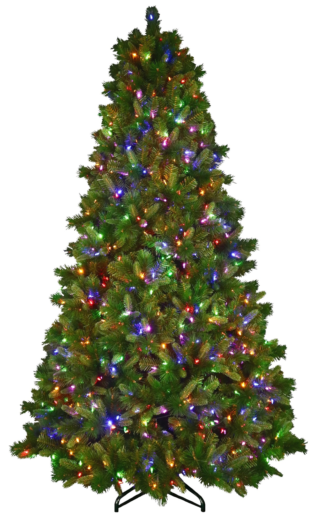 Artificial pine tree pre-lit with color-changing LED lights. In this image, the lights are multi-colored.