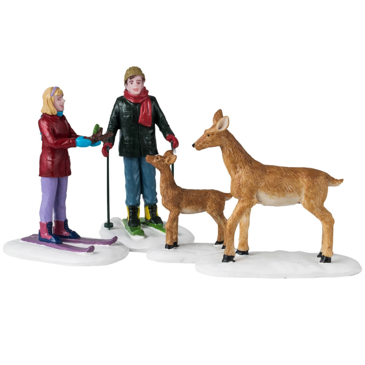 Resin figurines for a Lemax Village display. Designed to look like a man and a woman on skis interacting with two deer. One deer is smaller than the other.