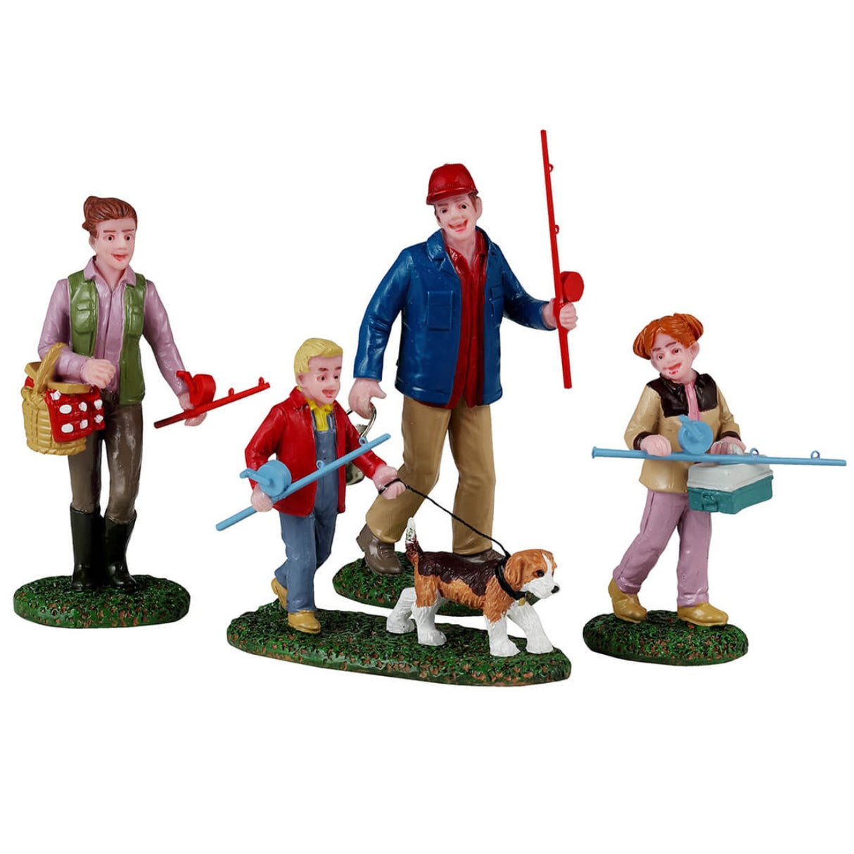 Resin figurines for a Lemax Village display. Designed to look like a family of four and their dog getting ready to go fishing. They're all wearing jackets. Mom is holding a basket. The daughter is holding a tackle box. They're all holding fishing rods.
