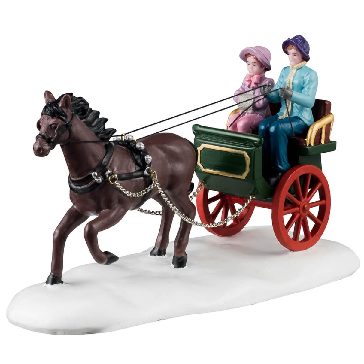 Resin figurine for a Lemax display. Designed to look like a mom and a daughter riding in a carriage pulled by a brown horse. They're both wearing winter clothes and the ground is covered in snow.