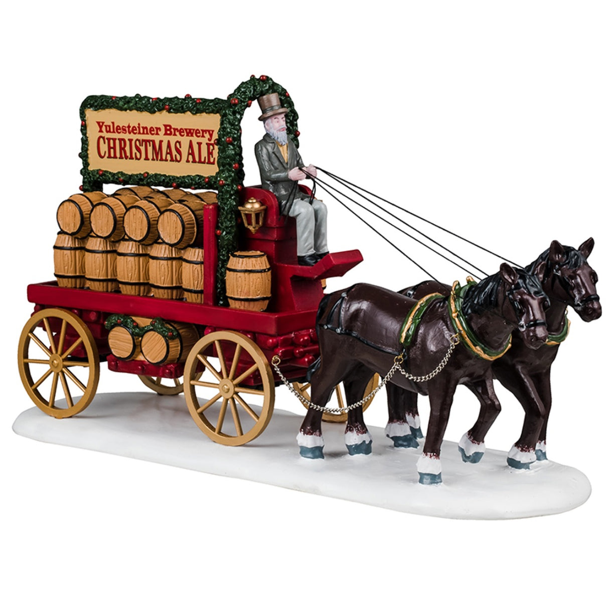 Resin figure for a Lemax Village display. Designed to look like two horses pulling a wagon full of barrels of ale. The wagon is decorated with garland. The man holding the reins for the horses is wearing a suit and top hat and has a long white beard. The ground has snow on it.