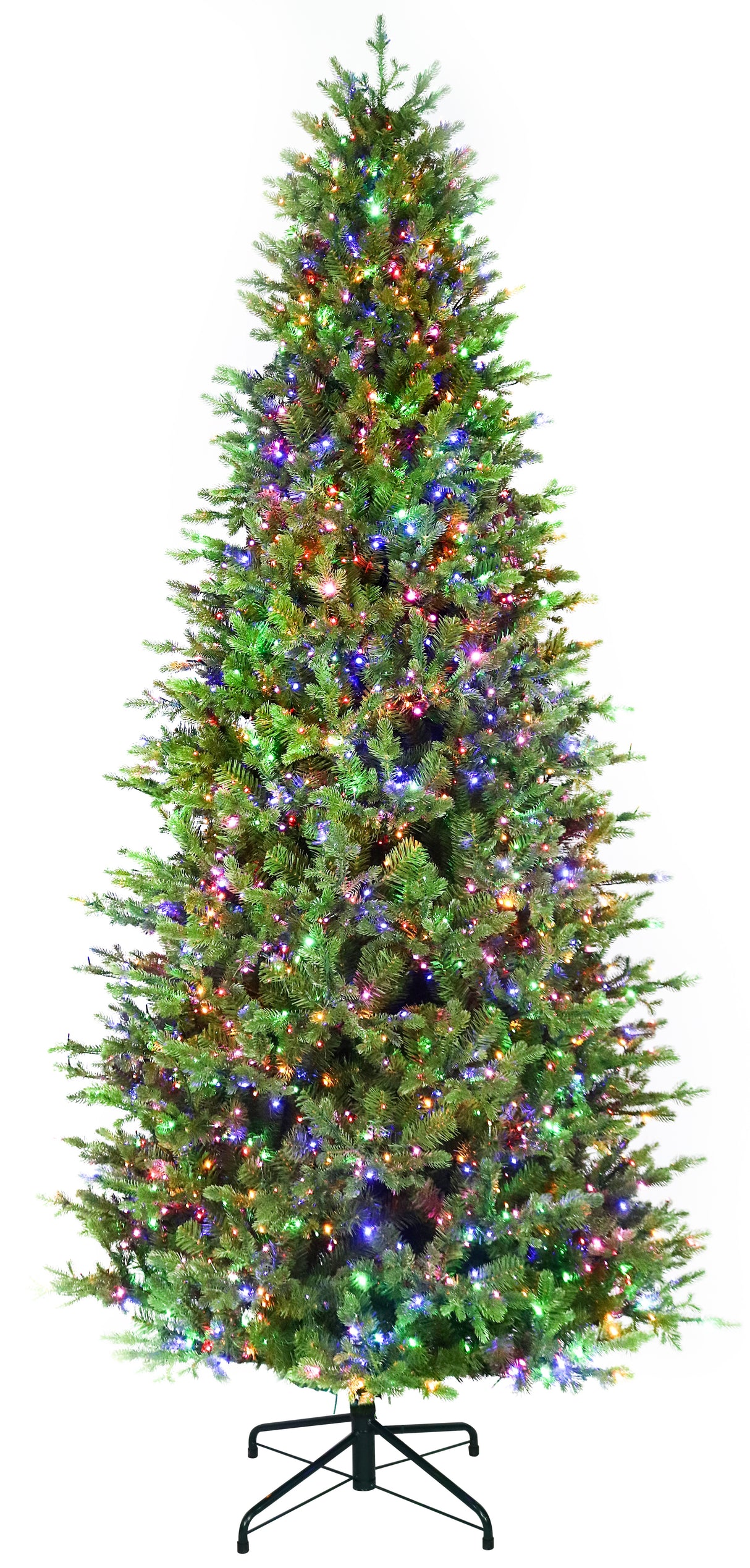 Artificial Christmas tree with color-changing, starry LED lights.