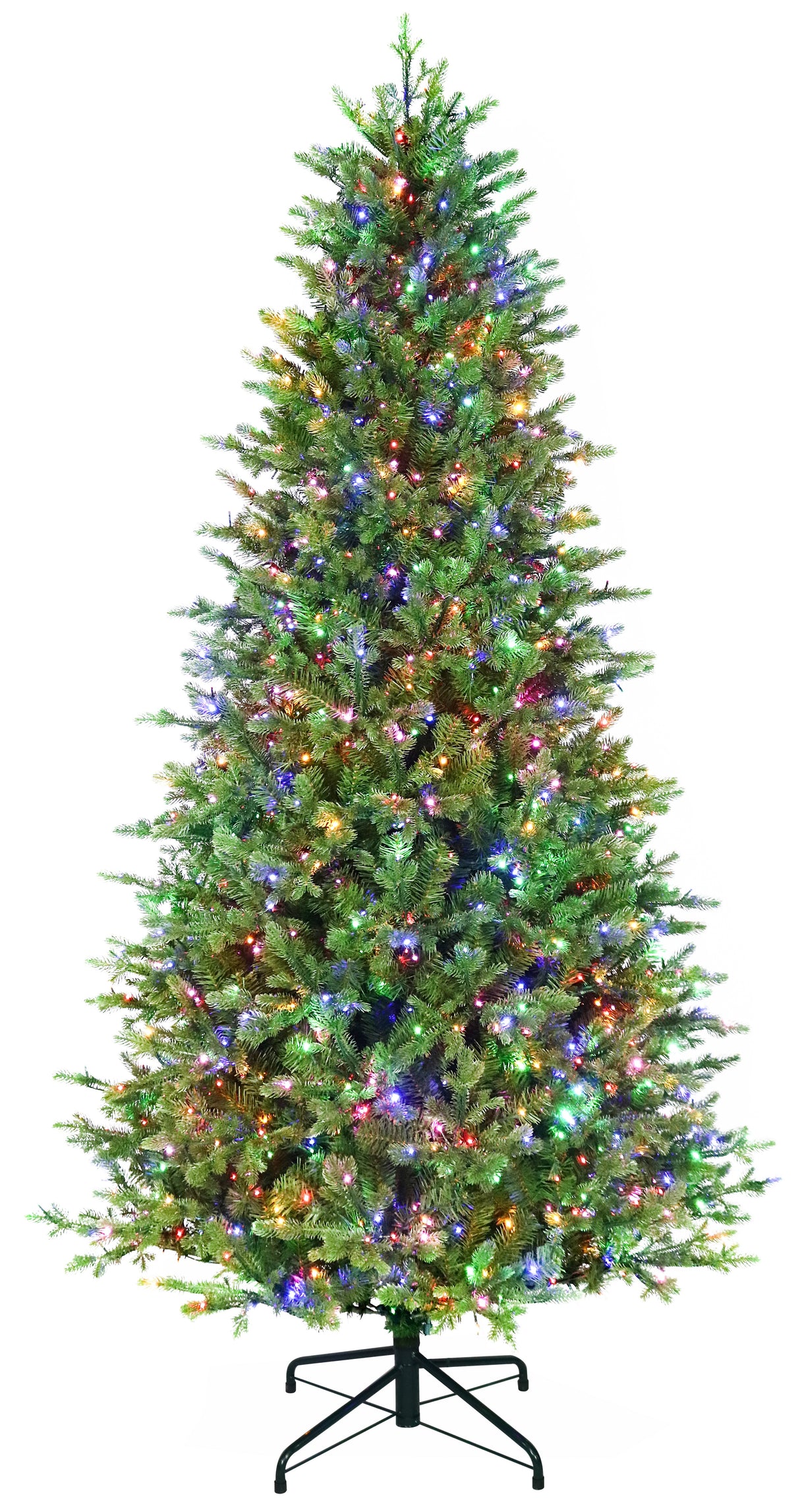 Artificial Christmas tree with color-changing, starry LED lights.
