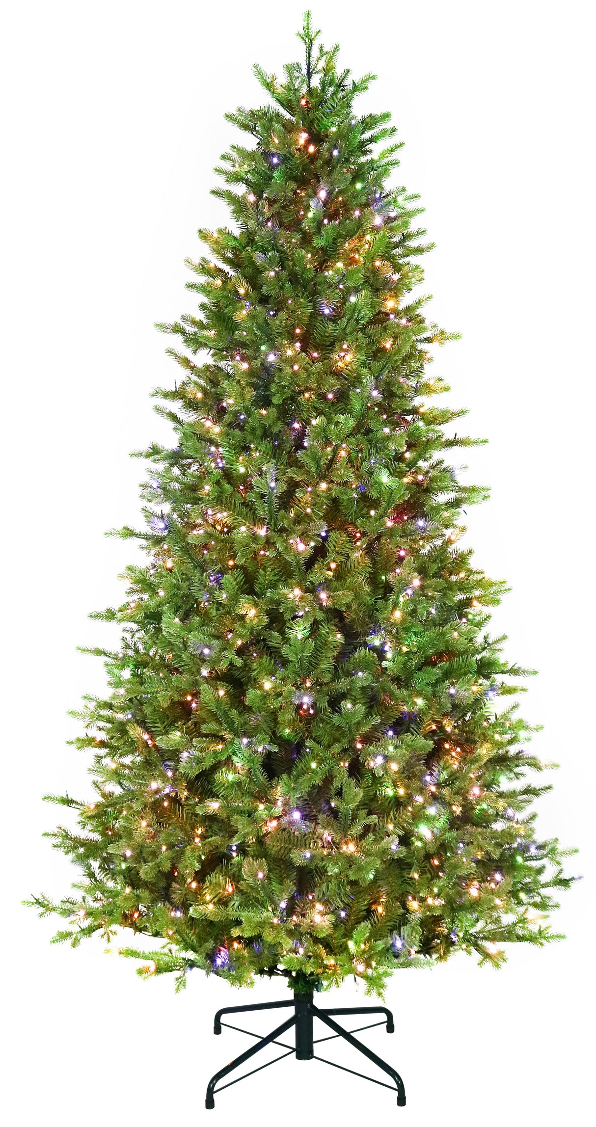 Artificial Christmas tree with color-changing, starry LED lights.