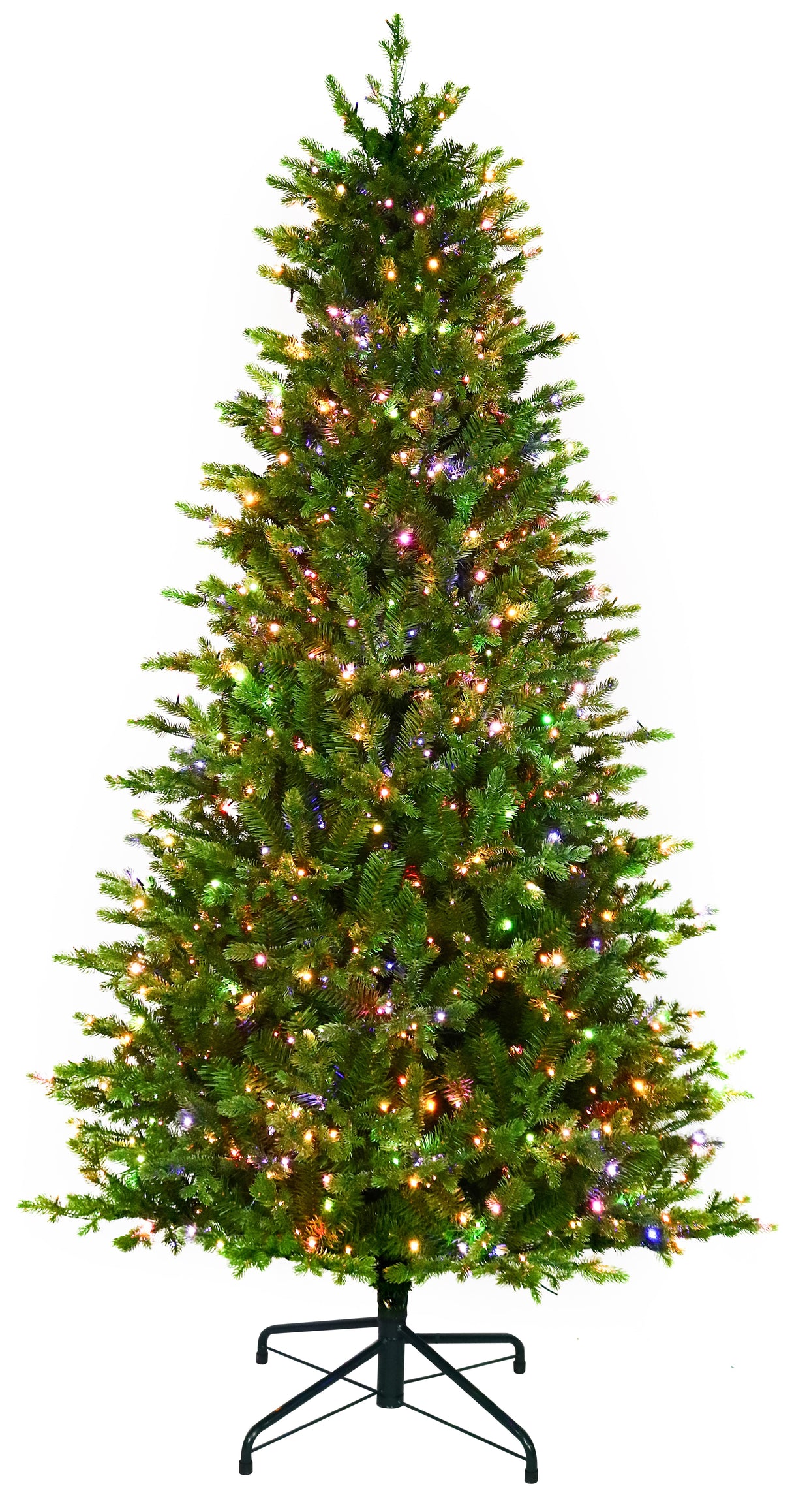 Artificial Christmas tree with color-changing, starry LED lights.