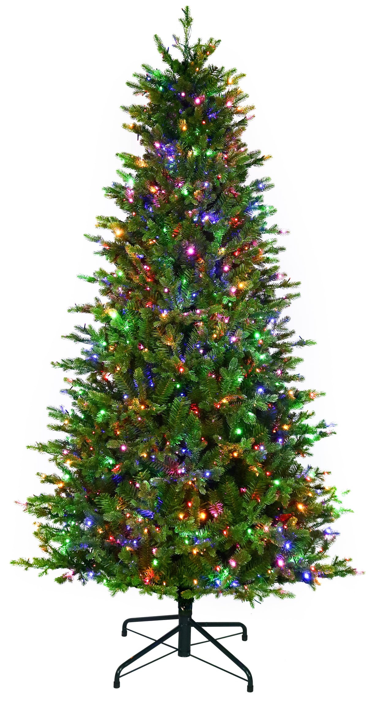 Artificial Christmas tree with color-changing, starry LED lights.
