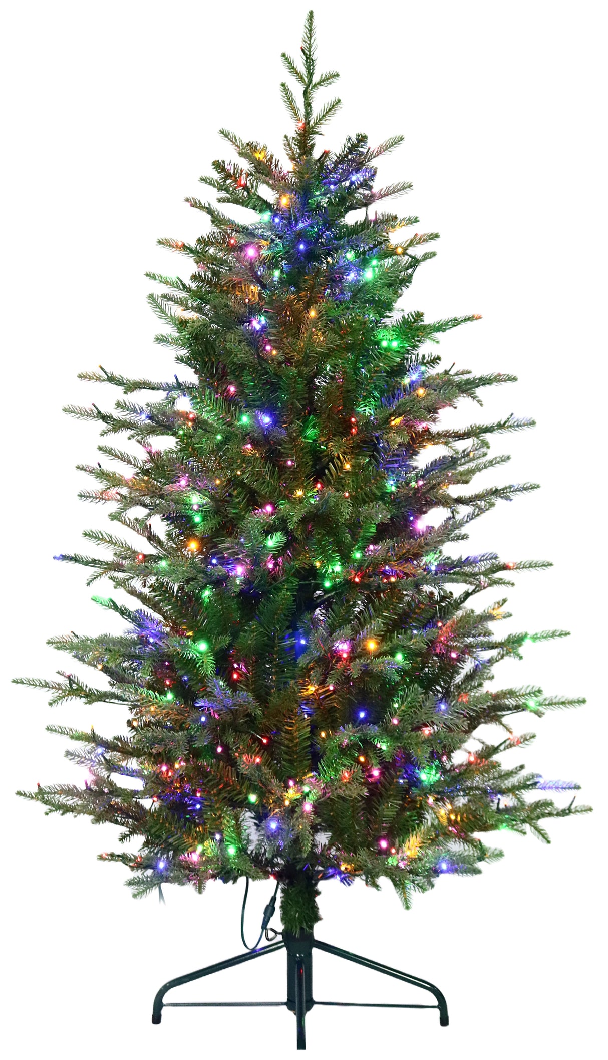 Artificial Christmas tree pre-lit with color-changing LED lights.