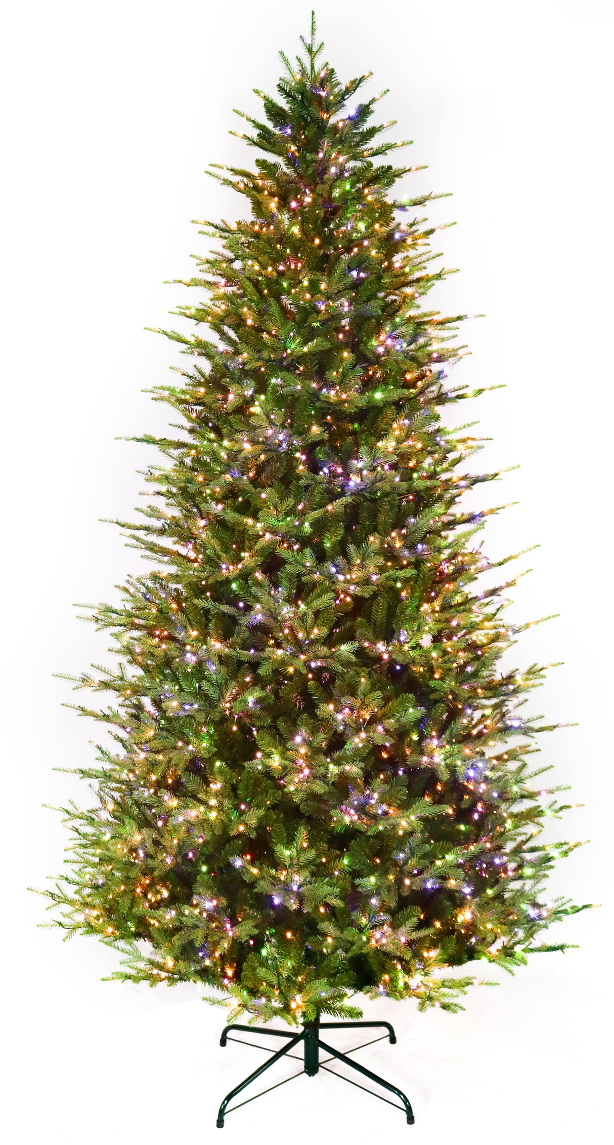 Artificial Christmas tree pre-lit with color-changing LED lights.