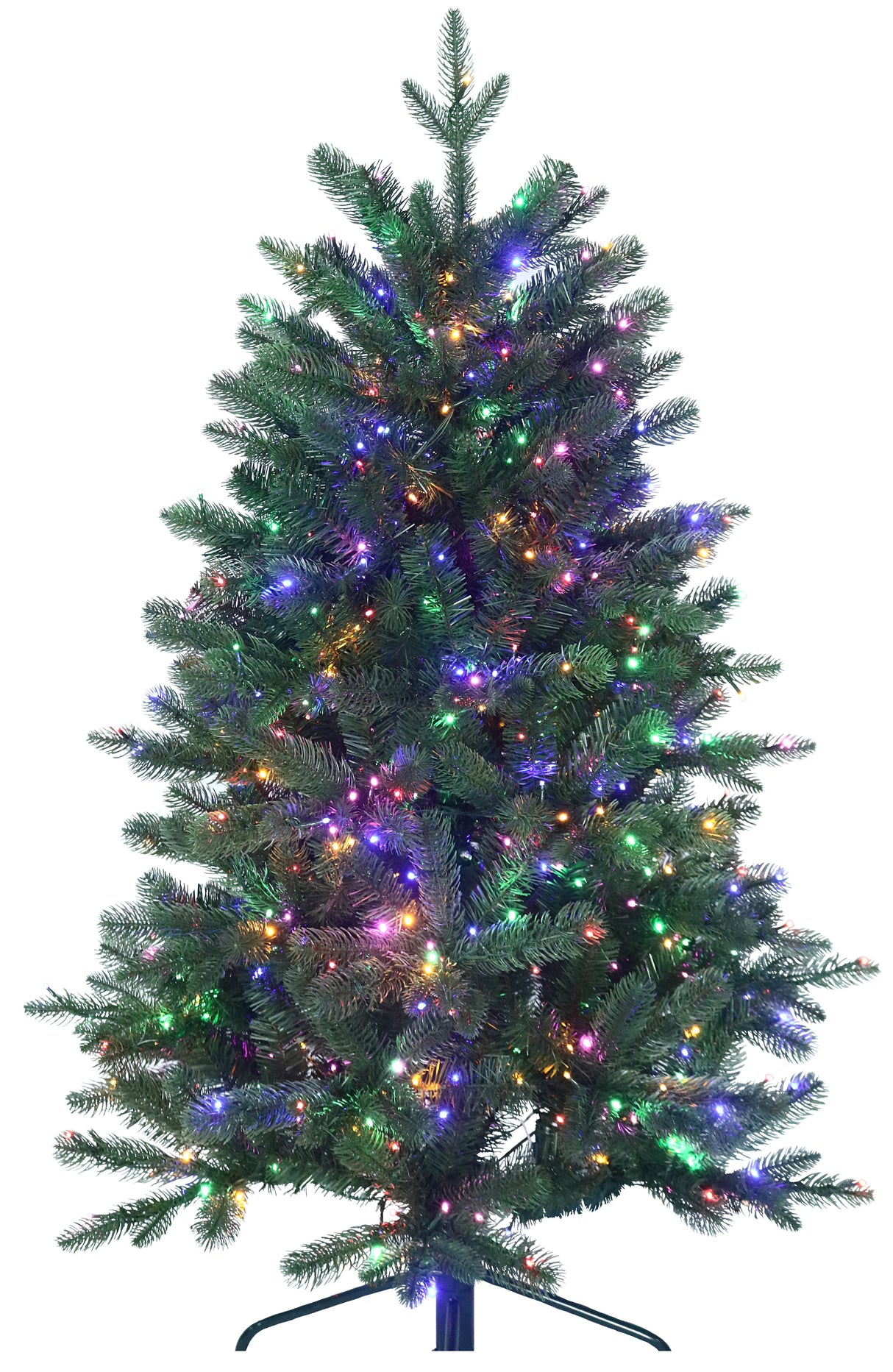 Artificial Christmas tree pre-lit with color-changing LED lights.