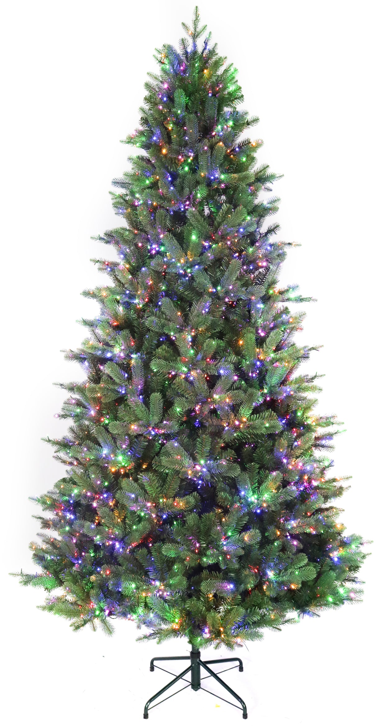 Artificial Christmas tree pre-lit with color-changing LED lights.