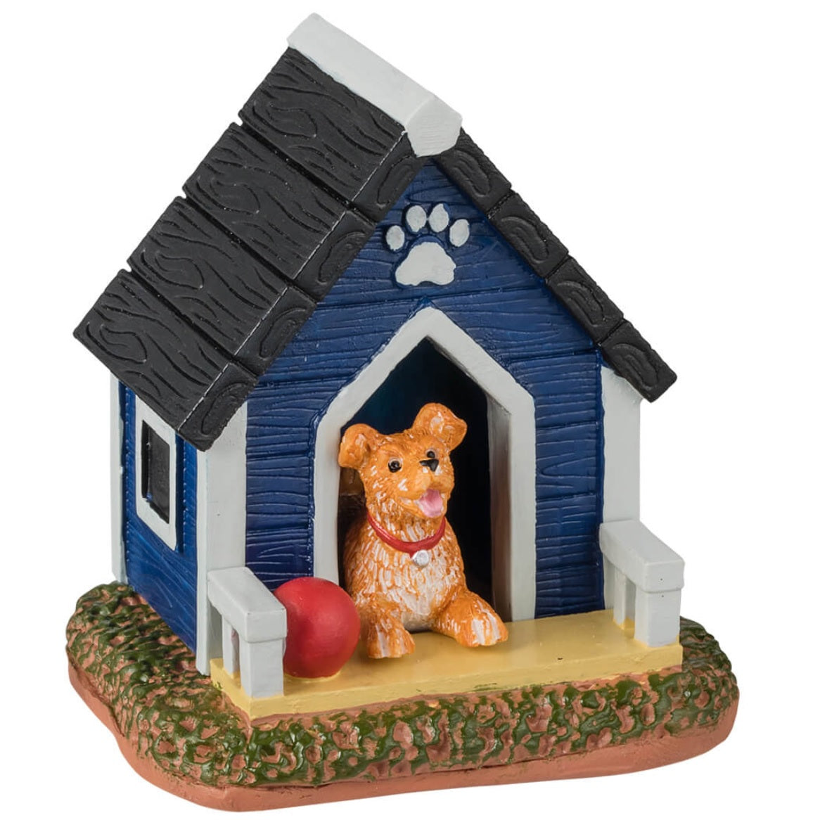 Resin village accessory for a Lemax display. Designed to look like a wooden dog house. The roof is black and the sides are blue with gray accents. There's a gray paw print on the front. There's an orange dog inside sitting next to a red ball.