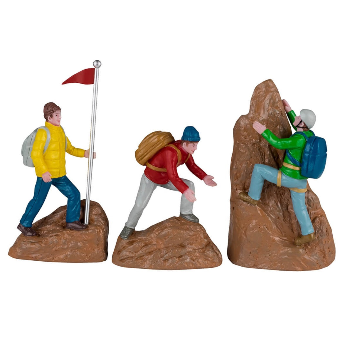 Resin figurines for a Lemax Village display. Designed to look like three people rock climbing. They're all wearing hats, jackets and backpacks.