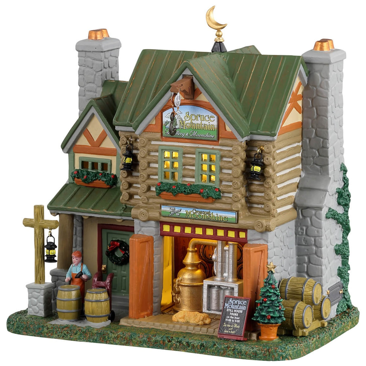 Porcelain lighted building for a Lemax display. Designed to look like a log cabin with two stone chimneys. There are barrels, lanterns, a small Christmas tree, a wreath on the front door and flowers in the windowsills. There's a dog sleeping in the front.
