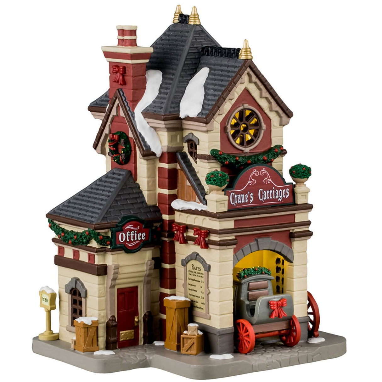 Porcelain lighted building for a Lemax display. Designed to look like a tall building with snow on the roof and the sidewalk. There's decorated garlands and wreaths and potted plants. There are red bow accents. There's a carriage peaking out from a garage.