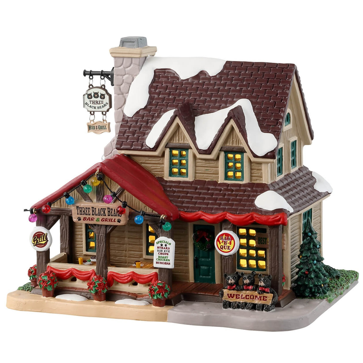 Porcelain lighted building for a Lemax Village display. Designed to look like a brown house with a stone chimney. Decorated with snow, poinsettias, multi-colored string lights and three bears wearing red bow ties holding a sign that reads "Welcome."