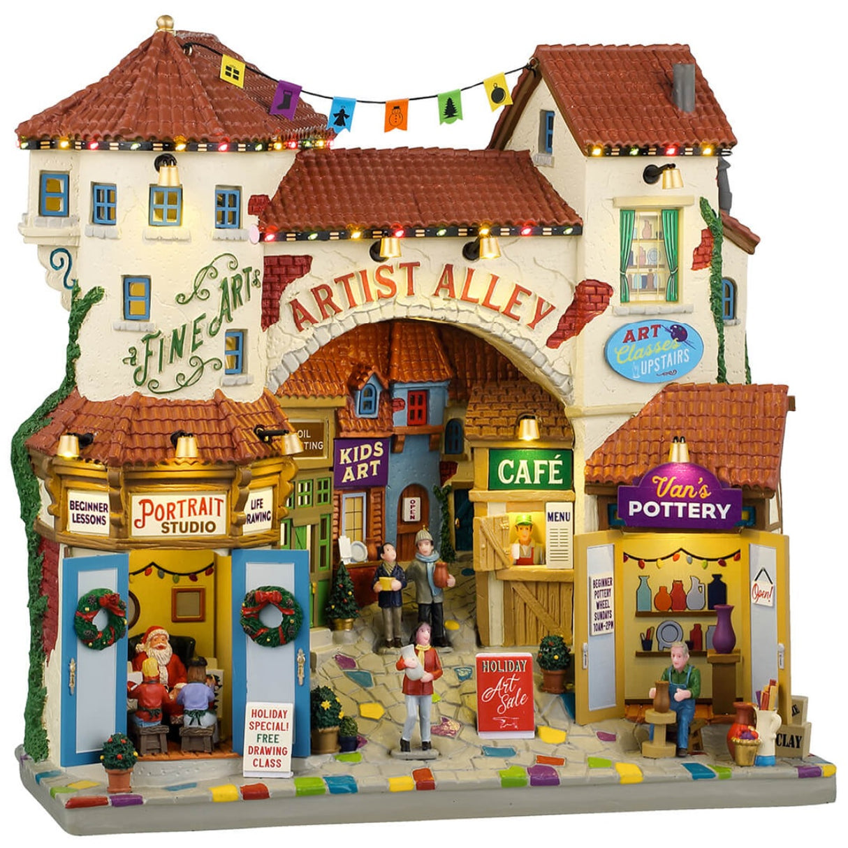 Resin lighted building façade for a Lemax display. Designed to look like a Mexican-style home (Hacienda). There are a lot of signs. Some of them read "Beginner Lessons," "Portrait Studio," "Holiday Special! Free drawing class," "Kids Art, "Cafe," "Holiday Art Sale," "Van's Pottery" and "Art Classes Upstairs." There are people everywhere shopping. There's a man making pottery and a few kids taking pictures with Santa.