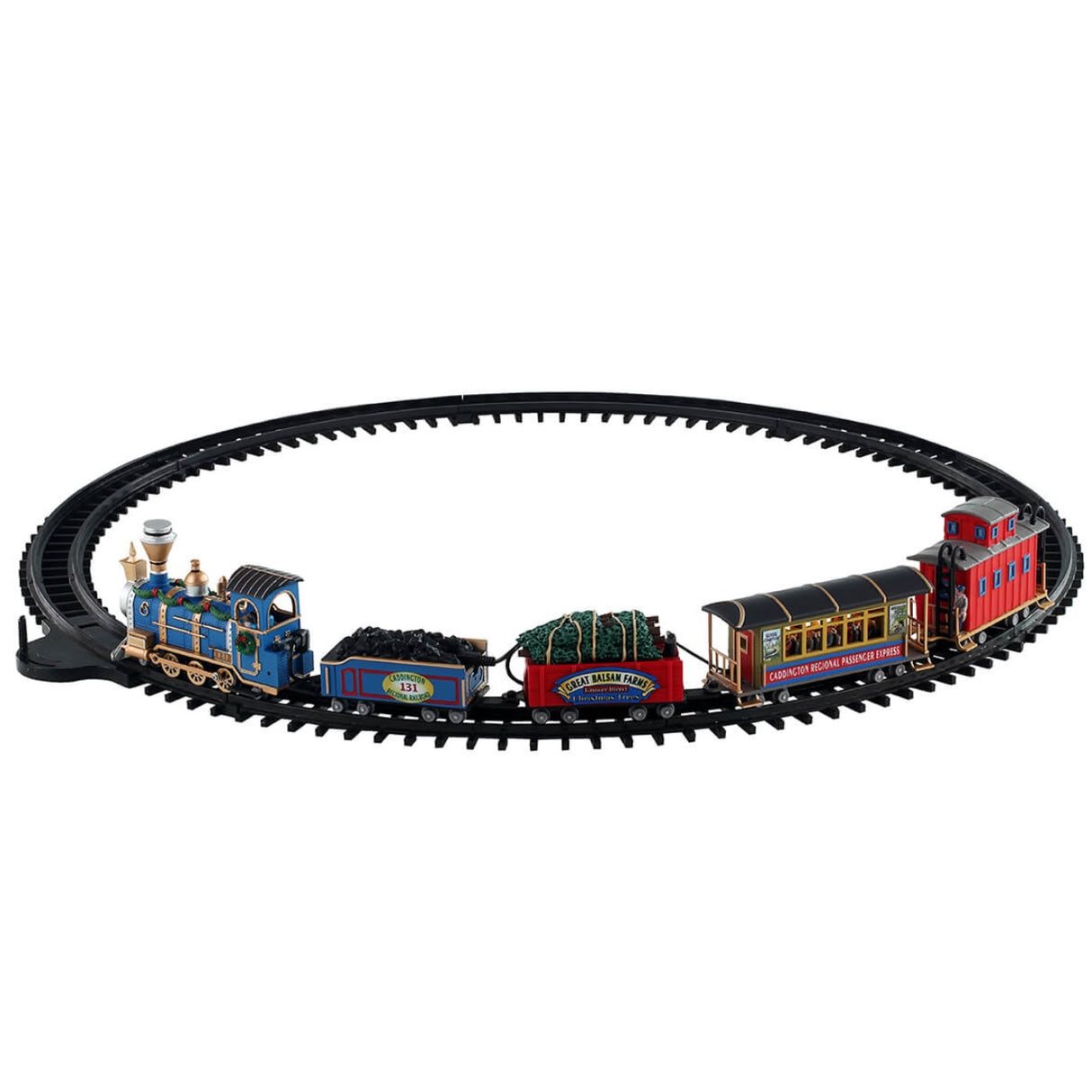 Resin railroad track with five train cars for a Lemax Village display. Head train is decorated with garland and wreaths. Second train car reads "Caddington Regional Railroad car 131." The next car is transporting trees and the car reads "Great Balsam Farms." The next car is a passenger express. The last car is red and features a man standing outside.