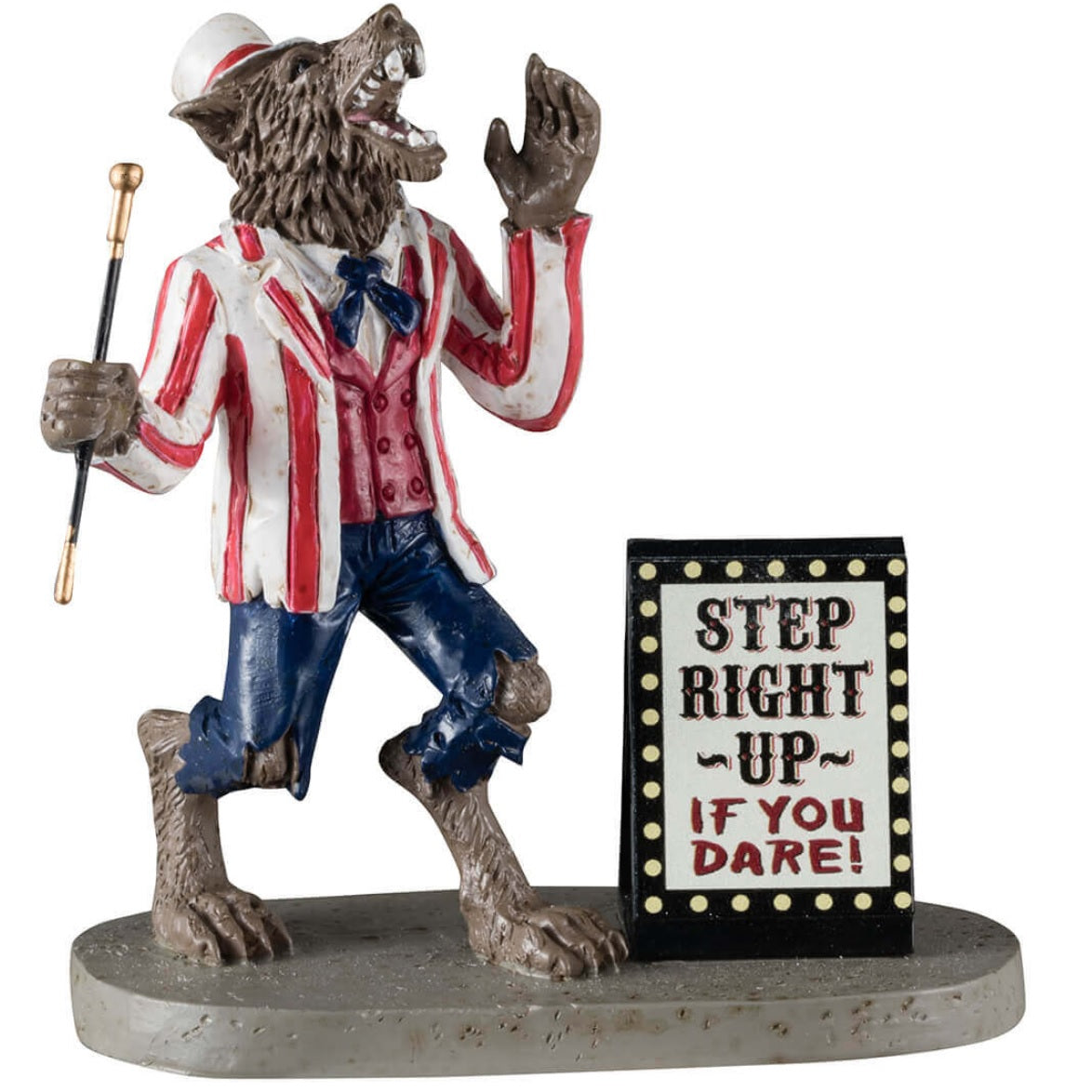 Resin figurine for a Lemax display. Designed to look like a werewolf welcoming you to a carnival. He's wearing a red and white striped suit jacket, a red vest, a blue tie and blue ripped pants. The sign next to him reads "STEP RIGHT UP IF YOU DARE!"