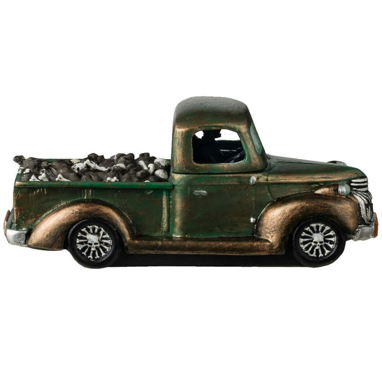 Resin figurine for a Lemax display. Designed to look like a rusty, green truck driven by a skeleton. There's a lot of garbage in the truck bed. The license plate is orange and reads "BONEZ."