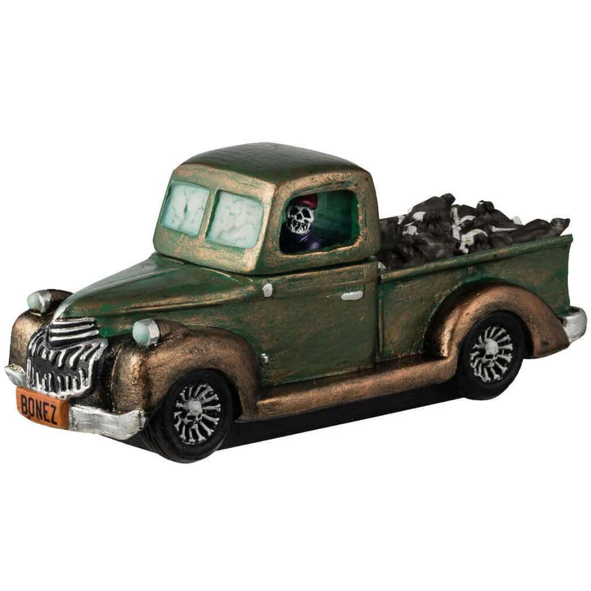 Resin figurine for a Lemax display. Designed to look like a rusty, green truck driven by a skeleton. There's a lot of garbage in the truck bed. The license plate is orange and reads "BONEZ."
