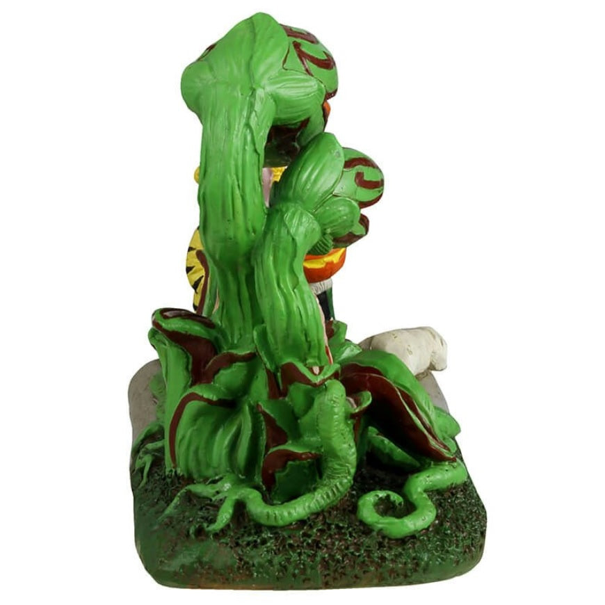 Resin figurine for a Lemax display. Designed to look like three trick or treaters getting scared by Venus fly traps that have come to life. One is dressed as a tiger, one is dressed as a Viking and the other is dressed as a pumpkin.
