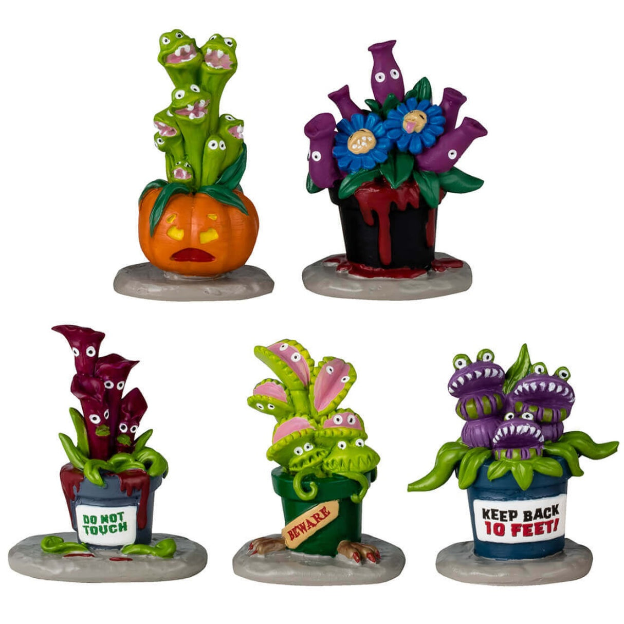 Resin table accents for a Lemax display. Designed to look like five really weird, alive plants. One looks like a bunch of green snakes coming out of a pumpkin. One is purple flowers with eyes and blue flowers in a black pot with blood coming out of it. One is red flowers with eyes and the pot reads "Do Not Touch." One is a Venus fly trap and the pot reads "Beware." The other is a purple Venus fly trap and the pot reads "Keep Back 10 feet."