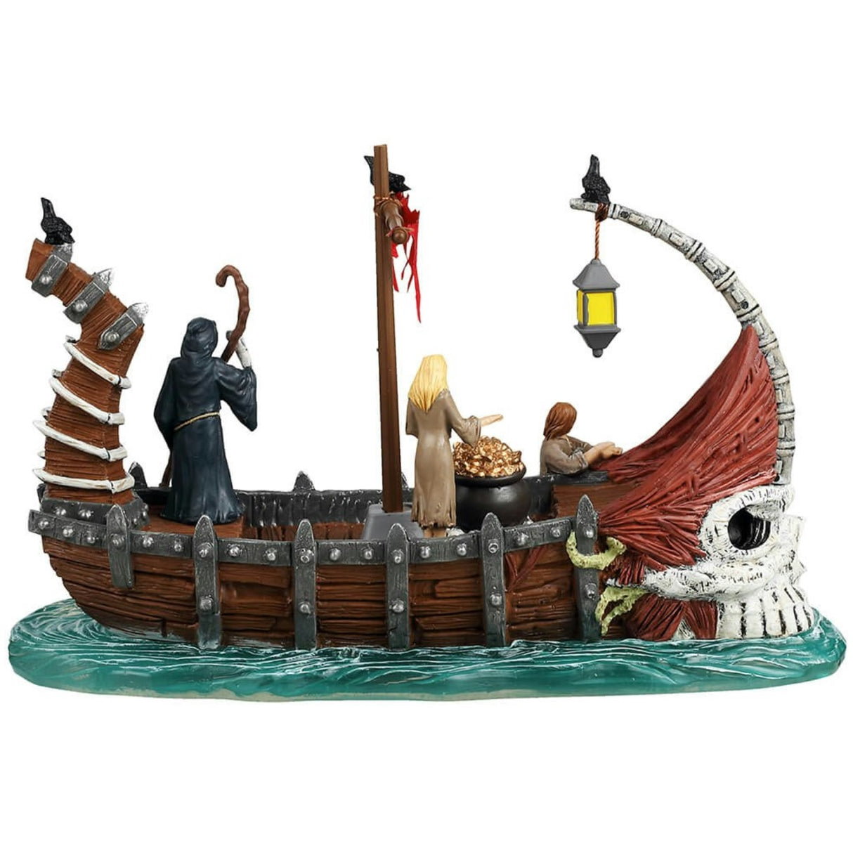 Resin table accent for a Lemax display. Designed to look like a very spooky Viking ship being driven by the Grim Reaper. There are crows and a tattered red sail. There are two people surprised to see the monster in the water. There's a pot of gold on board. The front of the ship looks like a skull.