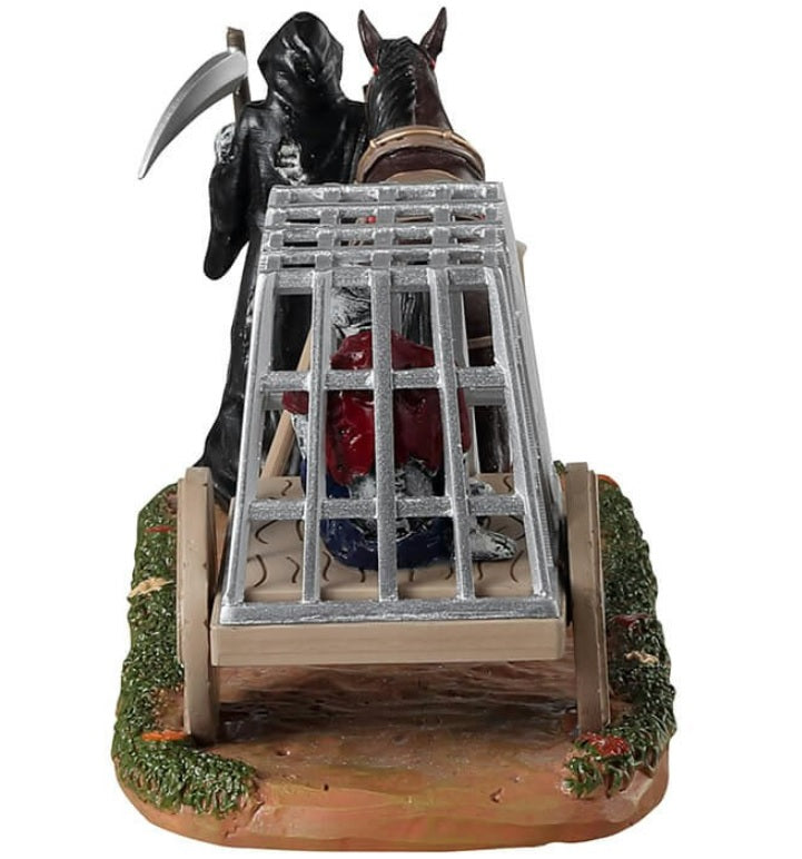 Resin figurine for a Lemax display. Designed to look like the Grim Reaper leading a horse carrying a cage with a skeleton inside.