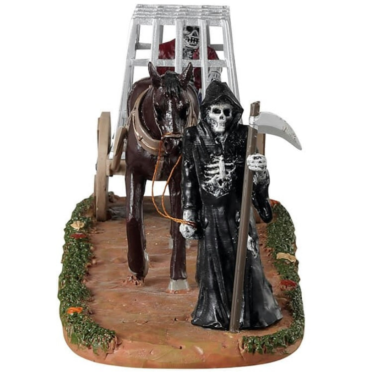 Resin figurine for a Lemax display. Designed to look like the Grim Reaper leading a horse carrying a cage with a skeleton inside.