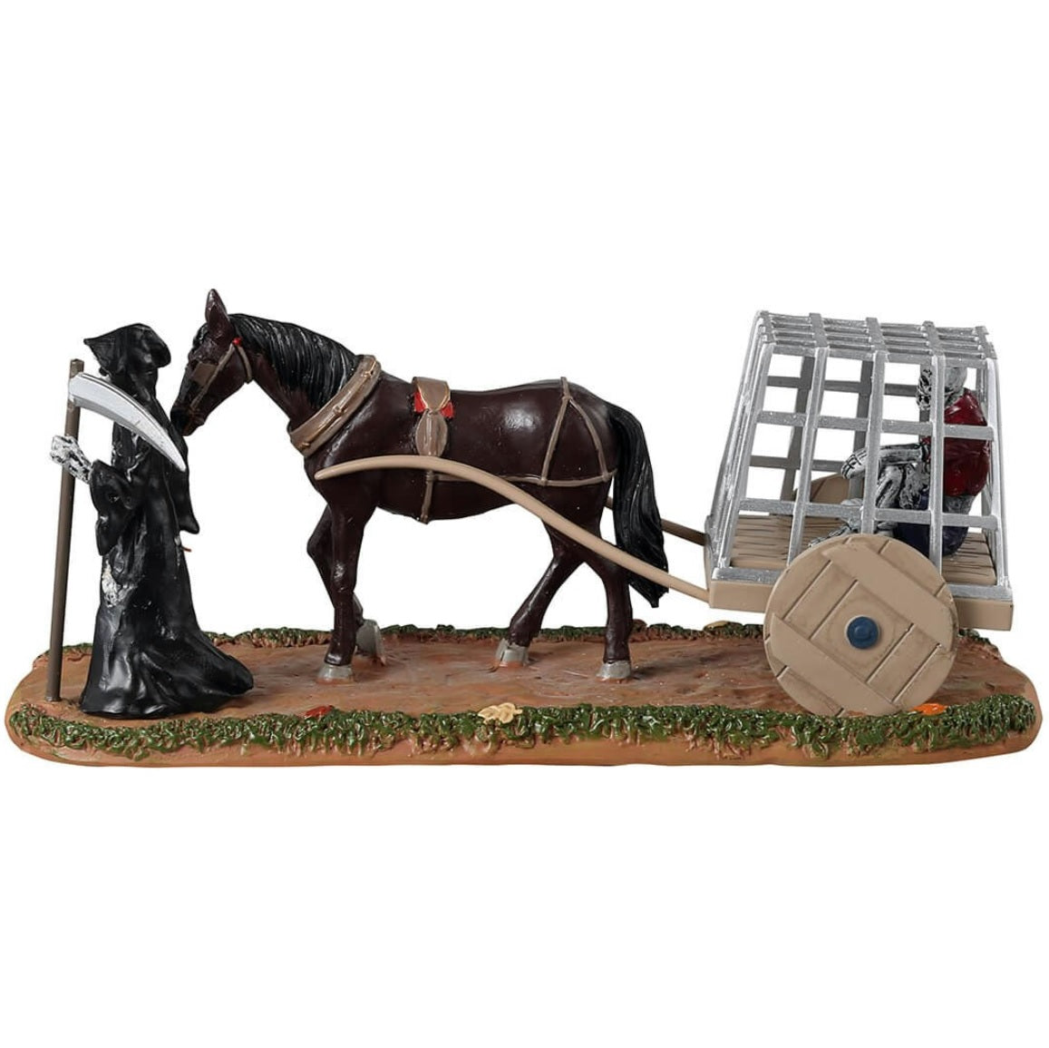 Resin figurine for a Lemax display. Designed to look like the Grim Reaper leading a horse carrying a cage with a skeleton inside.