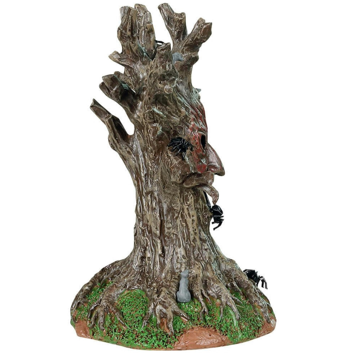 Plastic table piece for a Lemax display. Designed to look like a spooky tree with a face. There are spiders and rats all over it.