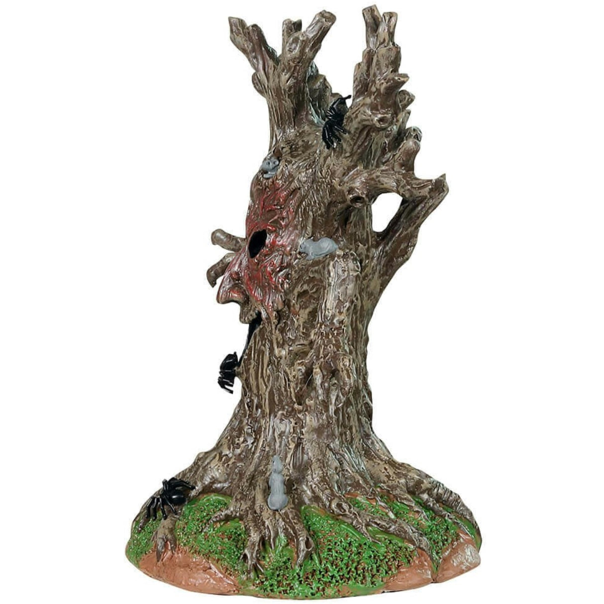 Plastic table piece for a Lemax display. Designed to look like a spooky tree with a face. There are spiders and rats all over it.