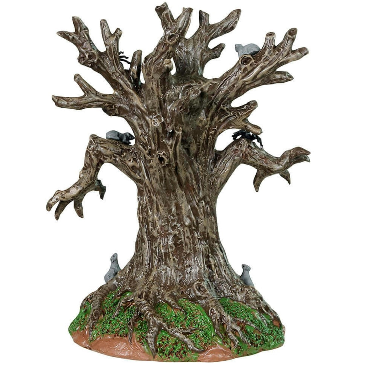Plastic table piece for a Lemax display. Designed to look like a spooky tree with a face. There are spiders and rats all over it.
