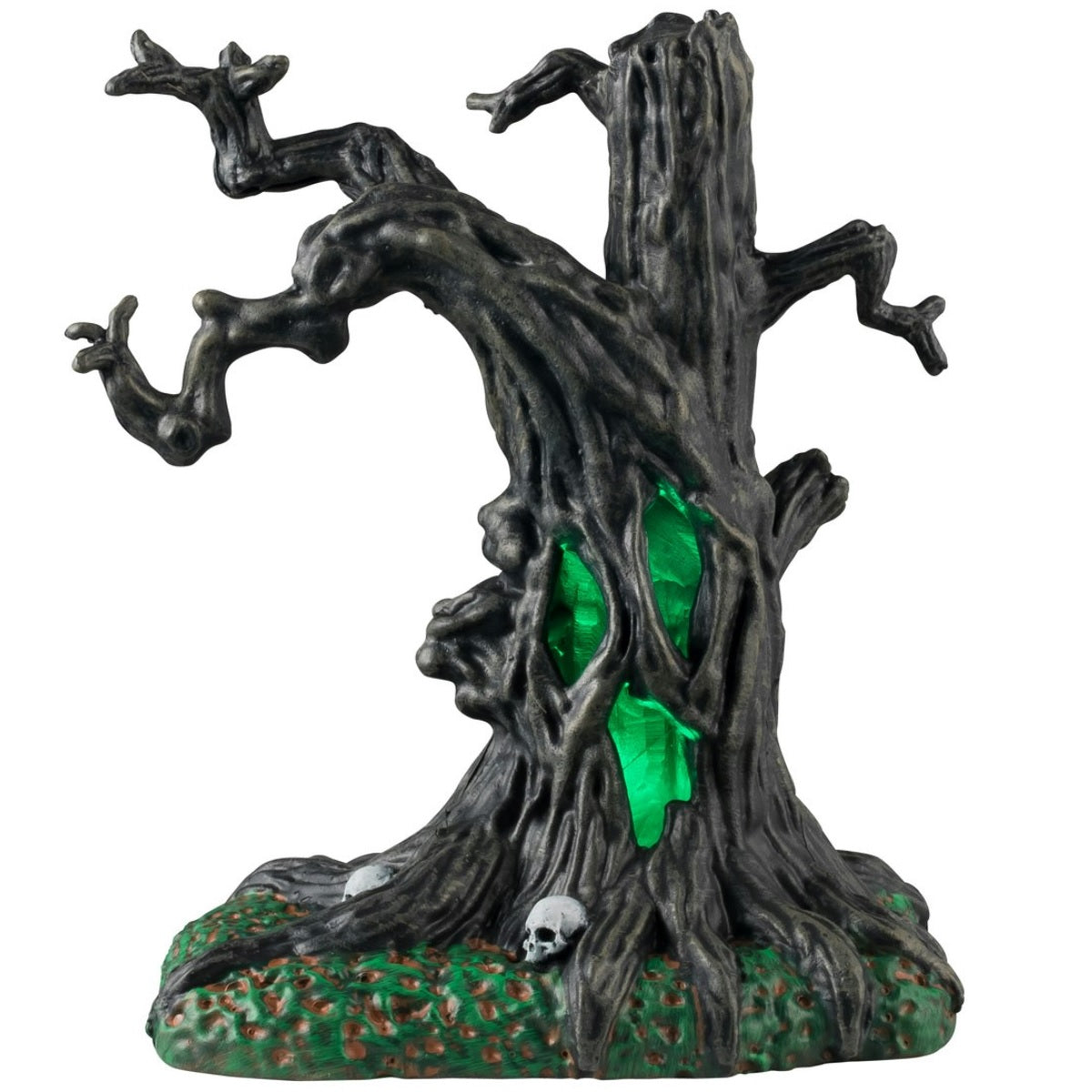 Plastic village accent for a Lemax display. Designed to look like a spooky tree with glowing green inside. There are skulls at the base.