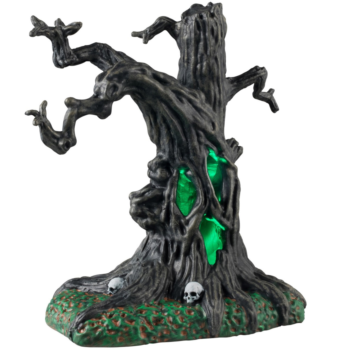 Plastic village accent for a Lemax display. Designed to look like a spooky tree with glowing green inside. There are skulls at the base.