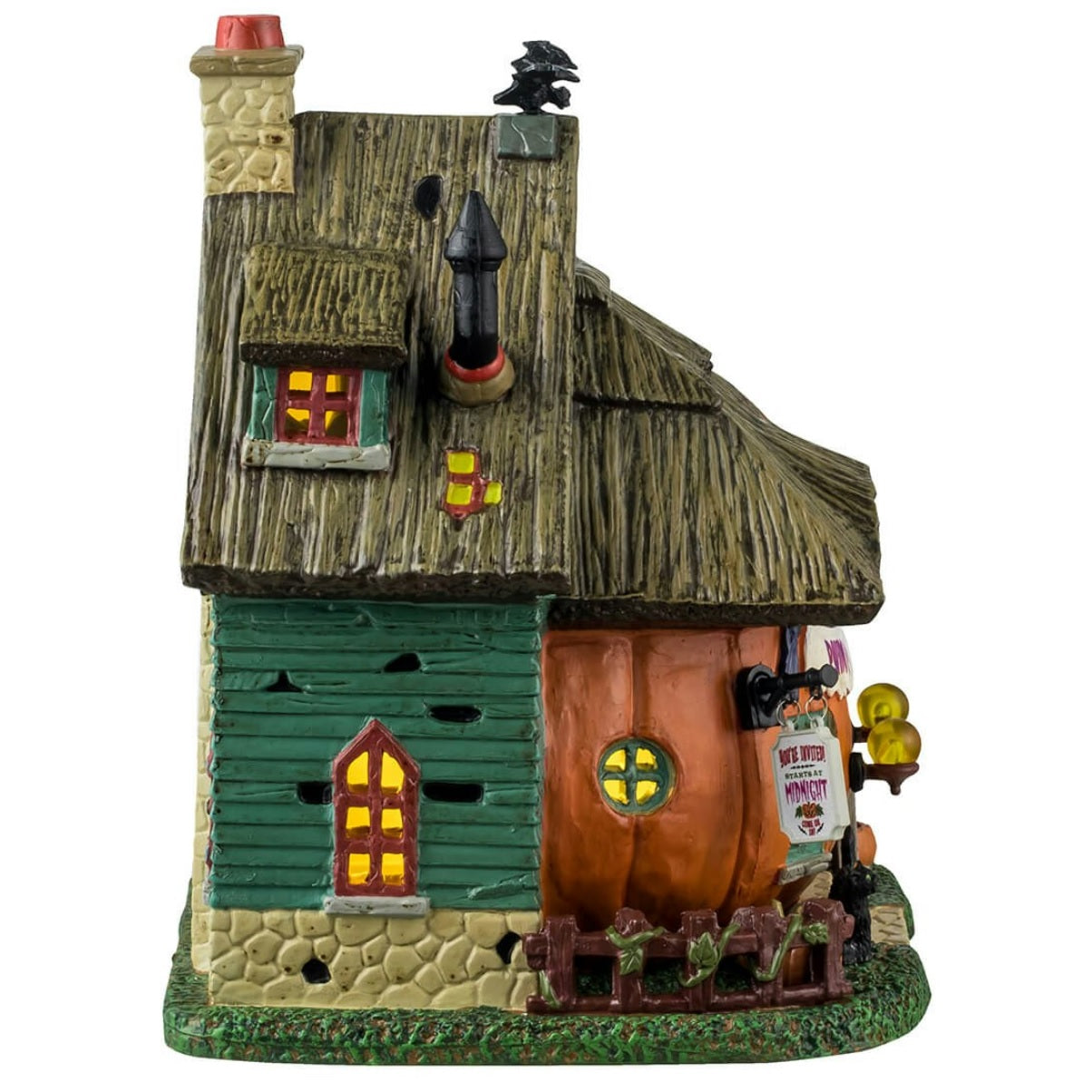Porcelain lighted building for a Lemax display. Designed to look like a cabin made out of a pumpkin. There's a skeleton sitting in front of the house and a black cat and jack-o-lantern accents. There's a sign above the front door that reads "PUMPKIN PATCH PARTY."