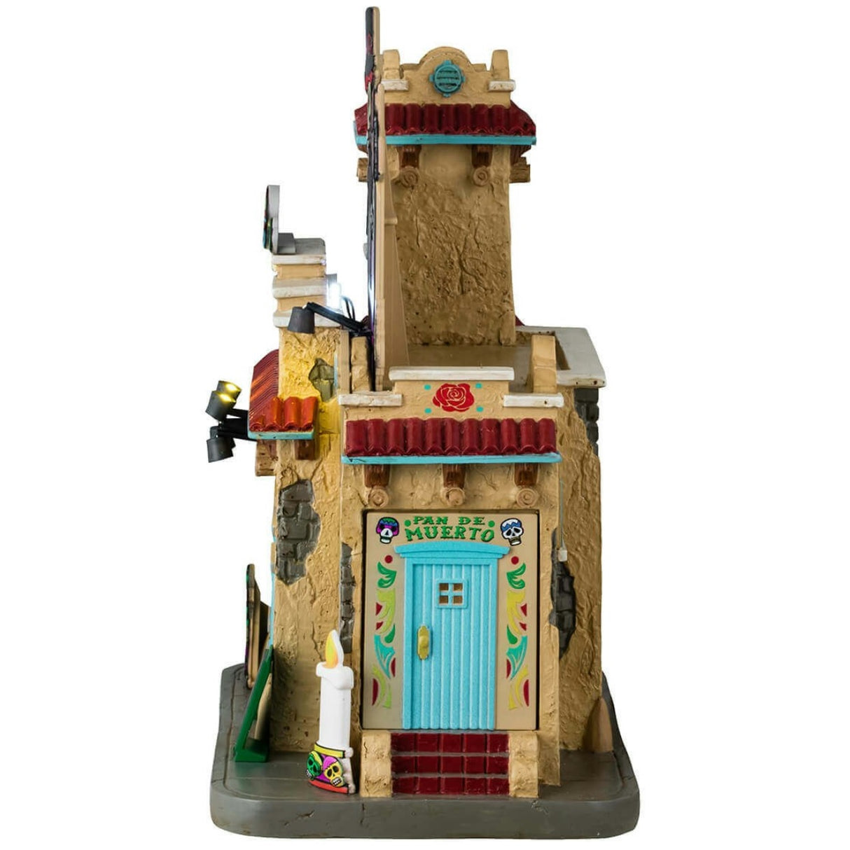 Resin lighted building for a Lemax display. Designed to look like a Spanish colonial building decorated for Day of the Dead. There are sugar skull accents and candles and flowers.
