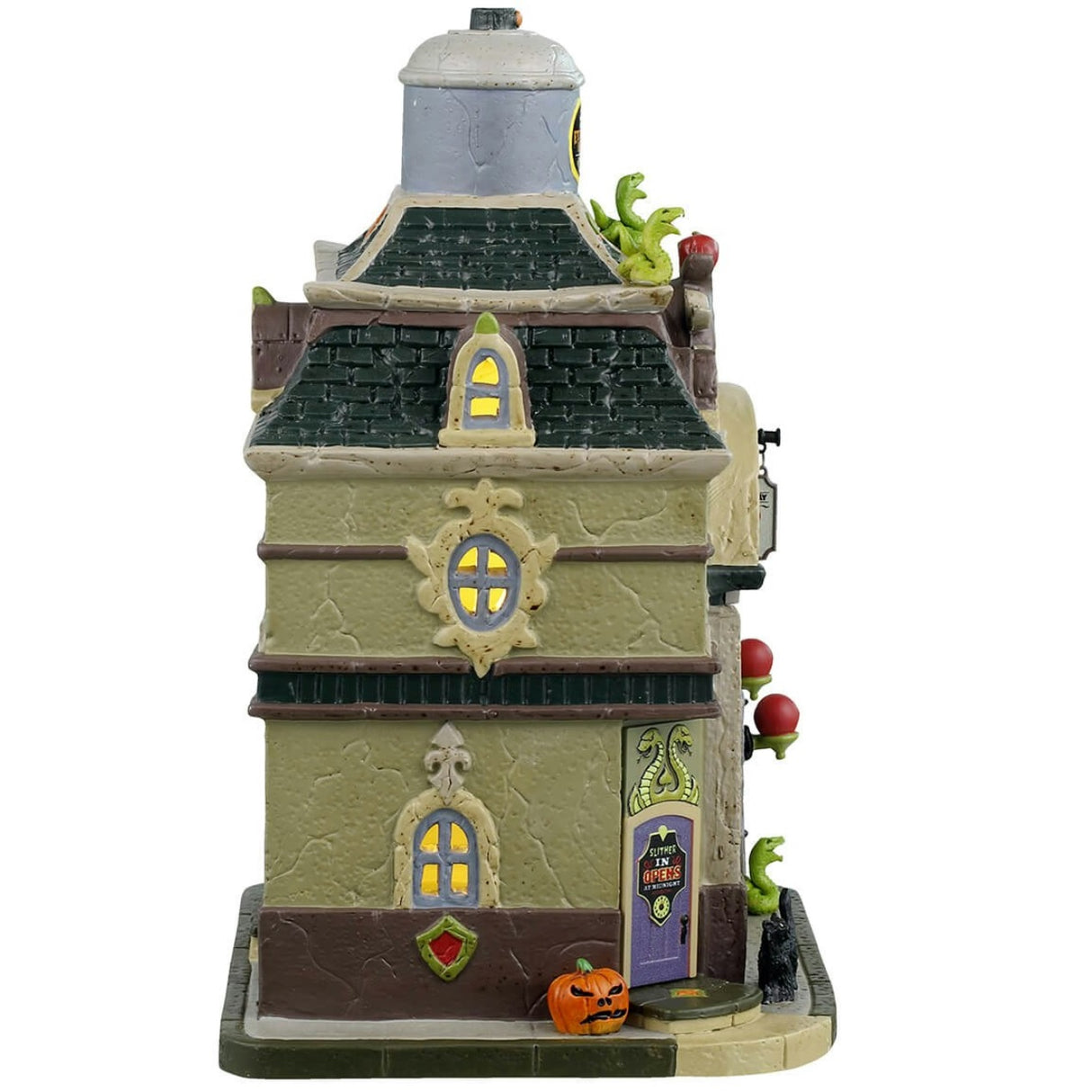 Porcelain lighted building for a Lemax display. Designed to look like a magic shop. There are snake accents and lights shaped like apples. Inside the window you can see a skeleton and a witch shopping.