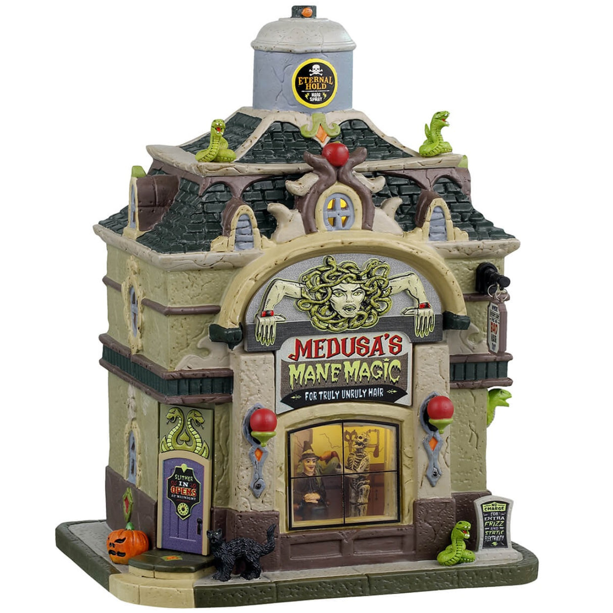 Porcelain lighted building for a Lemax display. Designed to look like a magic shop. There are snake accents and lights shaped like apples. Inside the window you can see a skeleton and a witch shopping.
