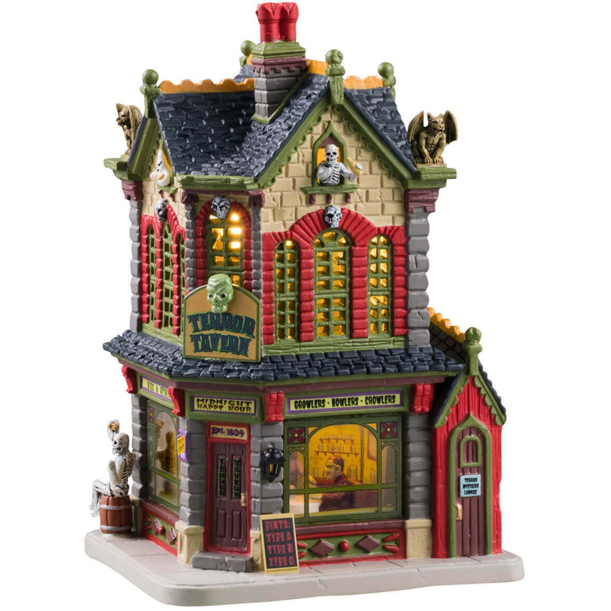 Porcelain lighted building for a Lemax display. Designed to look like a yellow-ish tan and gray brick two story tavern. Inside the window, you can see people enjoying a drink. The windows have red shutters. There are gargoyle statues on the roof and skeleton accents everywhere.