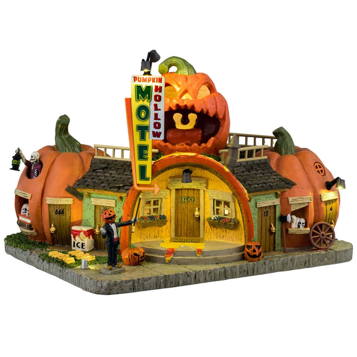 Resin lighted building for a Lemax display. Designed to look like a motel made out of pumpkins.