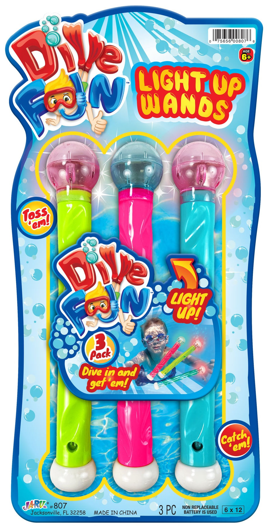 This image shows the packaging that these diving sticks come in. It reads "Dive fun. Light up wands. Toss 'em! Catch 'em!"