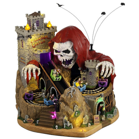 Resin lighted building for a Lemax display. Designed to look like a castle roller coaster with a skeletal grim reaper statue staring menacingly at the roller coaster carts. There are kids riding the ride and bats flying above.