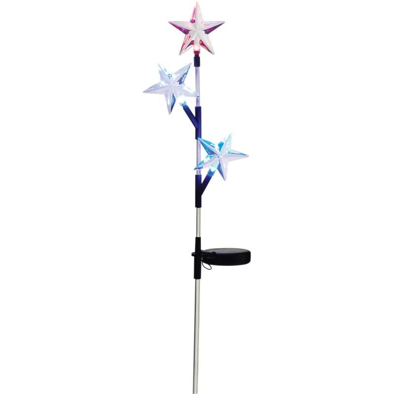 Solar powered garden stake with three stars on it. One star shines red, one star shines pure white and one star shines blue.